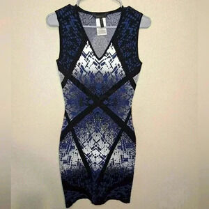 BCBGMaxAzria Blue/White/Black Gradient Geometric Bodycon Night Out Dress S